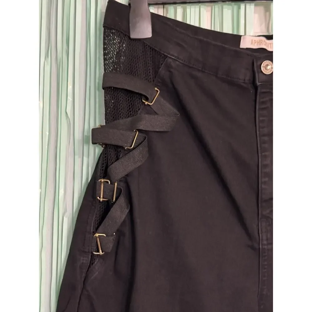 Aphrodite Black Bermuda Shorts, Elastic Fishnet Sides, Straps, Cut Off, 2XL - Picture 2 of 7